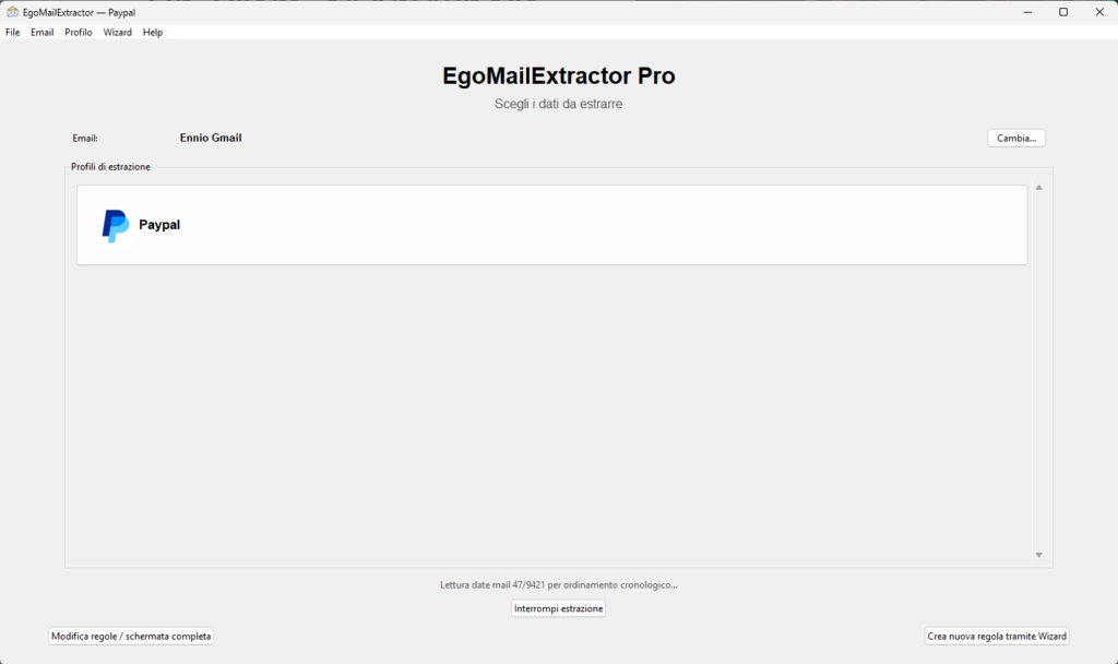 Schermata principale di EgoMailExtractor durante l'estrazione delle email PayPal