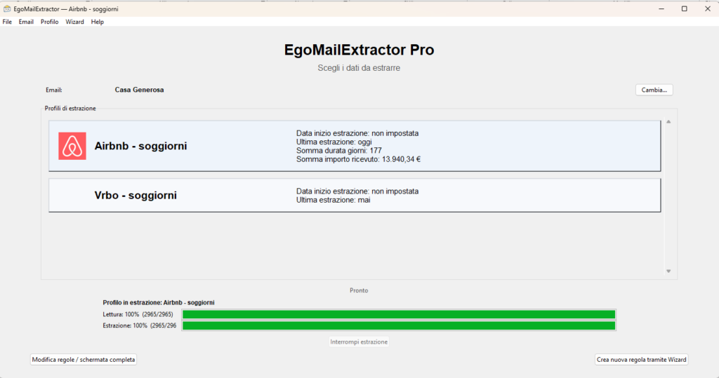 Schermata principale di EgoMailExtractor dopo l'estrazione dei dati