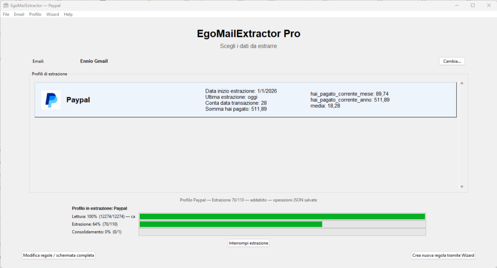 Schermata di EgoMailExtractor durante l'estrazione del profilo PayPal - fase 2
