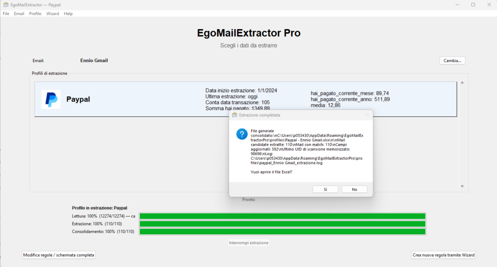 Schermata di EgoMailExtractor durante l'estrazione del profilo PayPal - fase 3
