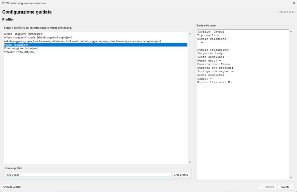 EgoMailExtractor ING Wizard step 1: Start the Wizard and choose a profile